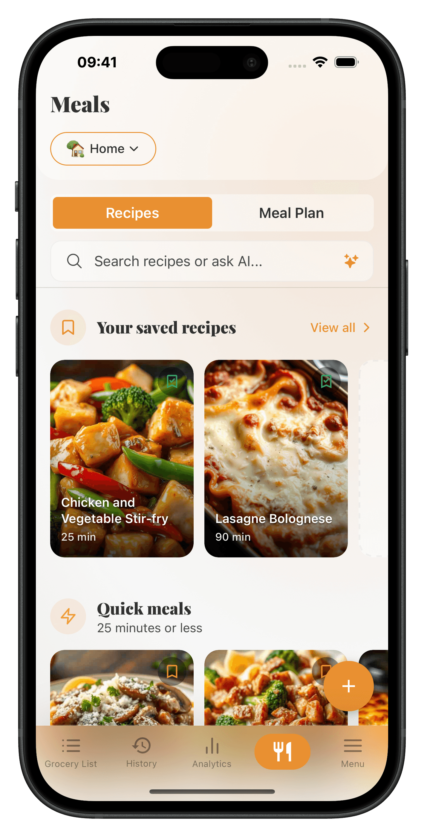 Saved recipes and quick meals